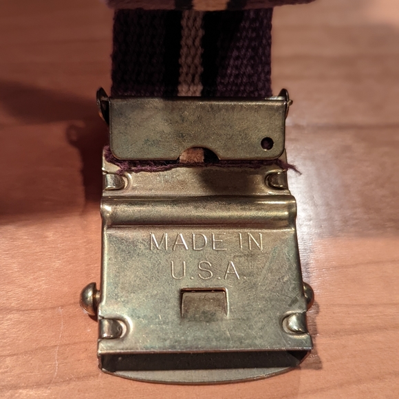 Fabric retro belt in plum, blue and tan with metal buckle. Made in the USA - Picture 3 of 3